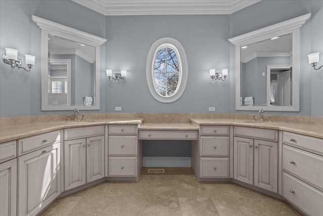 bathroom featuring visible vents, vanity, and ornamental molding