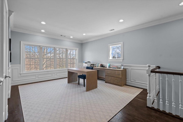 office with visible vents, dark wood-style flooring, recessed lighting, and a healthy amount of sunlight