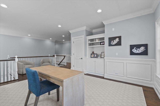 home office with a wainscoted wall, dark wood-style floors, recessed lighting, and crown molding