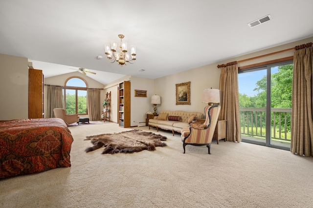 carpeted bedroom with visible vents, a baseboard heating unit, a chandelier, lofted ceiling, and access to outside