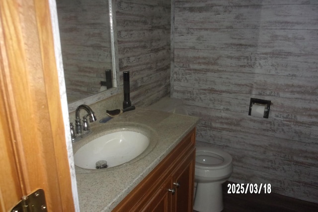 507 N Fifth St, Ashkum, IL 60911 - bathroom with toilet, vanity, and wooden walls