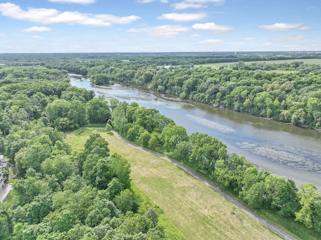 drone / aerial view with a water view and a view of trees
