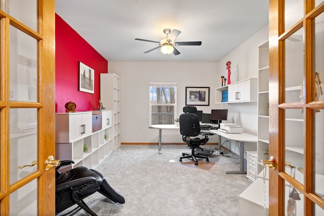 office featuring french doors, ceiling fan, baseboards, and carpet flooring