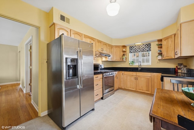 807 Webster Ave, Wheaton, IL 60187 - kitchen with visible vents, light brown cabinetry, open shelves, a sink, and stainless steel appliances
