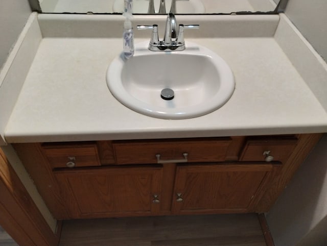 interior details with wood finished floors and vanity