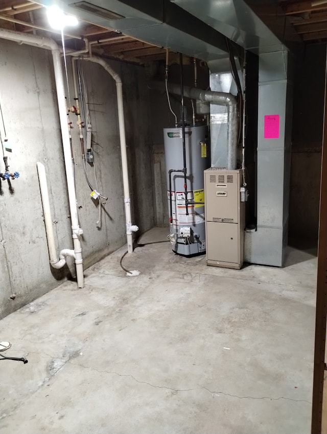unfinished below grade area with heating unit and gas water heater
