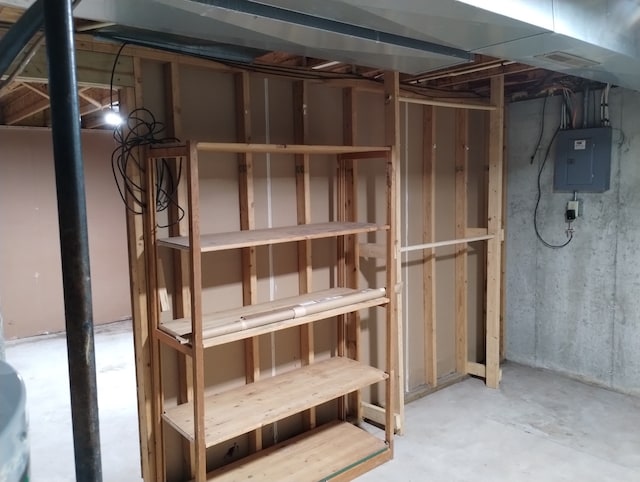 unfinished basement with visible vents and electric panel
