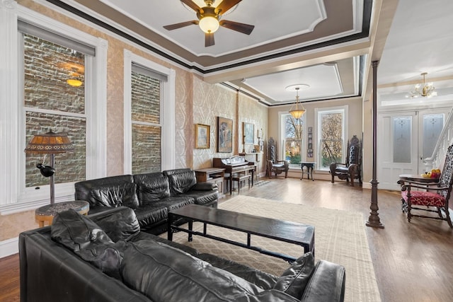 1957 W Schiller St, Chicago, IL 60622 - living room featuring wood finished floors, a ceiling fan, and ornamental molding