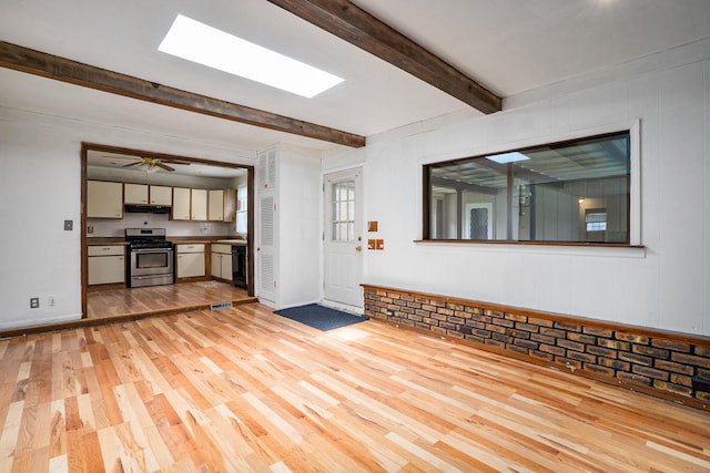 2201 W Acres Rd, Joliet, IL 60435 - unfurnished living room with light wood-type flooring, beamed ceiling, baseboards, and ceiling fan