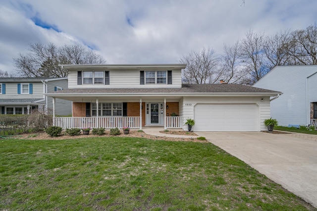 traditional-style home with a front lawn, an attached garage, driveway, a porch, and brick siding