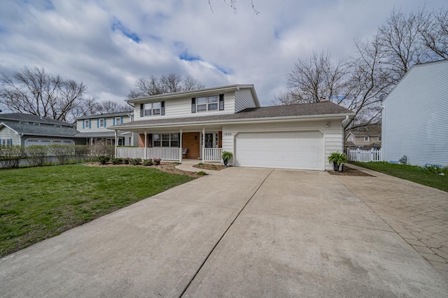 view of front of home with fence, concrete driveway, an attached garage, a porch, and a front yard