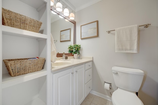 bathroom featuring tile patterned flooring, vanity, ornamental molding, and toilet