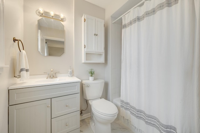 bathroom featuring marble finish floor, toilet, vanity, and shower / bath combination with curtain