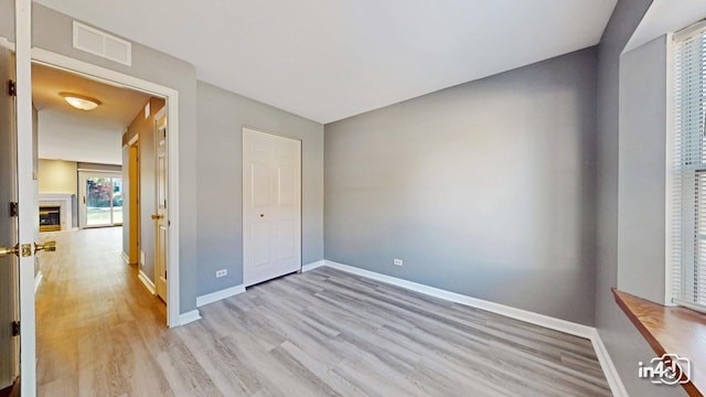 183 W Brandon Ct Unit C, Palatine, IL 60067 - unfurnished bedroom with light wood finished floors, baseboards, and a glass covered fireplace