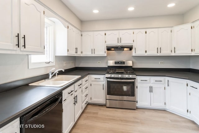 868 Bonnie Brae Ln, Bolingbrook, IL 60440 - kitchen with a sink, white cabinetry, dishwasher, under cabinet range hood, and gas range