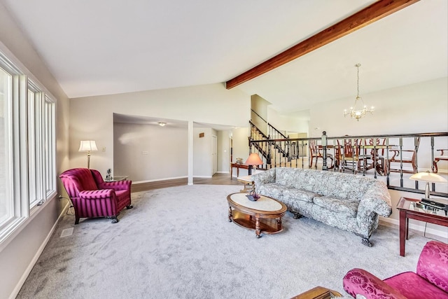 868 Bonnie Brae Ln, Bolingbrook, IL 60440 - living area featuring carpet flooring, baseboards, stairs, vaulted ceiling with beams, and a notable chandelier