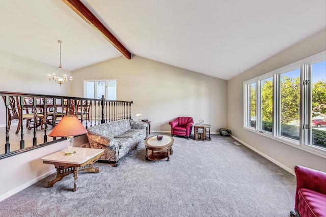 868 Bonnie Brae Ln, Bolingbrook, IL 60440 - carpeted living area featuring a notable chandelier, vaulted ceiling with beams, and baseboards