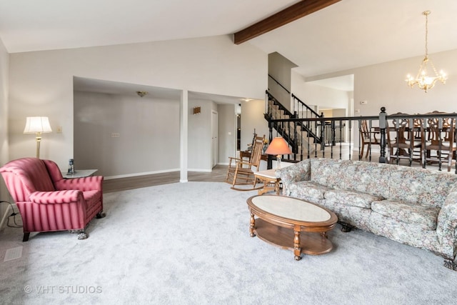 868 Bonnie Brae Ln, Bolingbrook, IL 60440 - living room with stairway, an inviting chandelier, baseboards, vaulted ceiling with beams, and wood finished floors