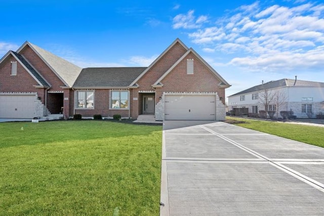 view of front facade with a front yard, an attached garage, brick siding, and driveway