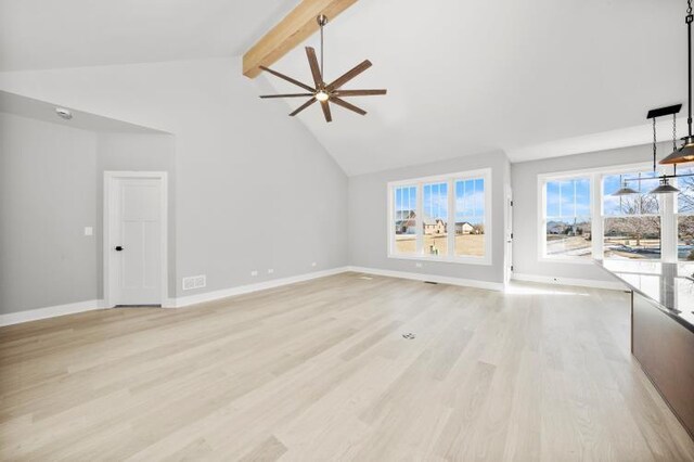 unfurnished living room featuring baseboards, high vaulted ceiling, beam ceiling, light wood-style flooring, and ceiling fan