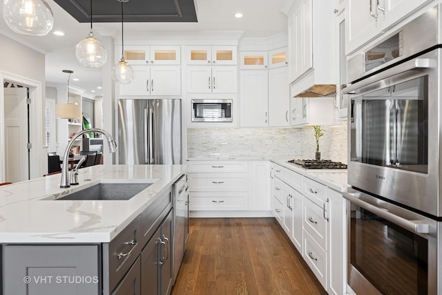 kitchen with glass insert cabinets, white cabinets, a sink, dark wood-style flooring, and stainless steel appliances