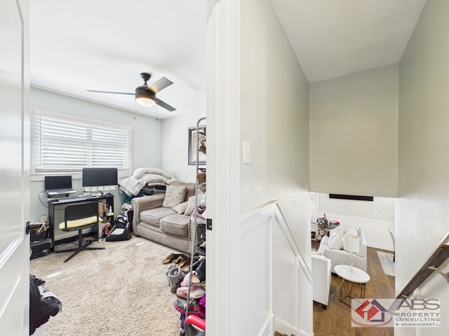439 Hoxie Ave, Calumet City, IL 60409 - office area featuring ceiling fan, a decorative wall, wood finished floors, and wainscoting