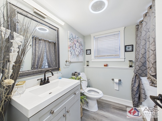 439 Hoxie Ave, Calumet City, IL 60409 - bathroom featuring vanity, wood finished floors, baseboards, curtained shower, and toilet