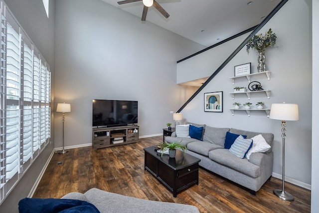 213 Dorset Ave, Oswego, IL 60543 - living area featuring a high ceiling, wood finished floors, and ceiling fan