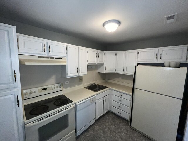 300 Park Ave Unit 236, Calumet City, IL 60409 - kitchen featuring visible vents, under cabinet range hood, a sink, white cabinetry, and white appliances