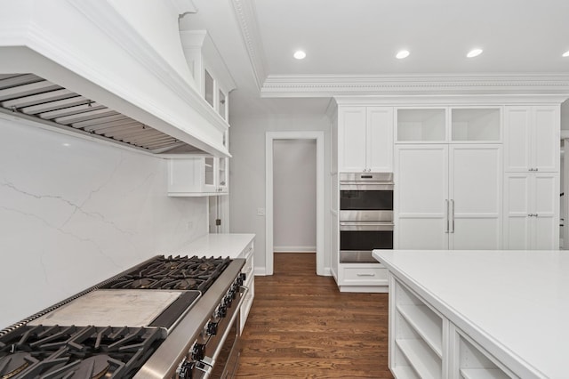 kitchen featuring backsplash, open shelves, white cabinetry, appliances with stainless steel finishes, and custom range hood
