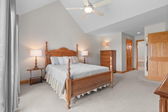 828 Wedgewood Dr, Crystal Lake, IL 60014 - bedroom featuring light colored carpet, lofted ceiling, a ceiling fan, and ensuite bath