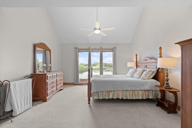 828 Wedgewood Dr, Crystal Lake, IL 60014 - bedroom with light colored carpet, a ceiling fan, a water view, and high vaulted ceiling