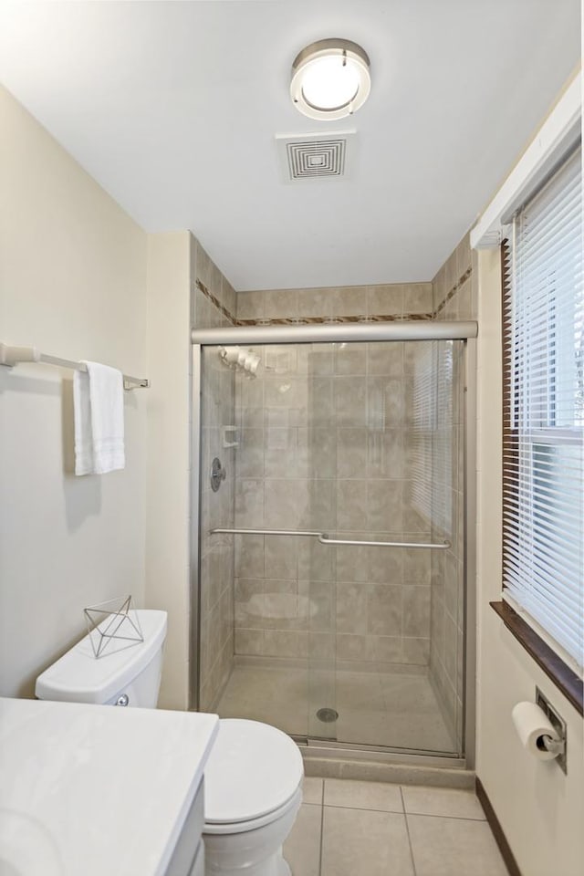 915 N Saratoga Dr, Palatine, IL 60074 - bathroom featuring a shower stall, toilet, tile patterned floors, and visible vents