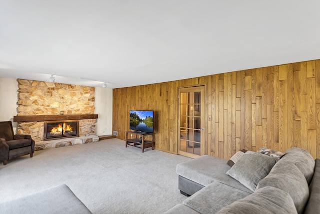 915 N Saratoga Dr, Palatine, IL 60074 - living room with a stone fireplace, wooden walls, and carpet
