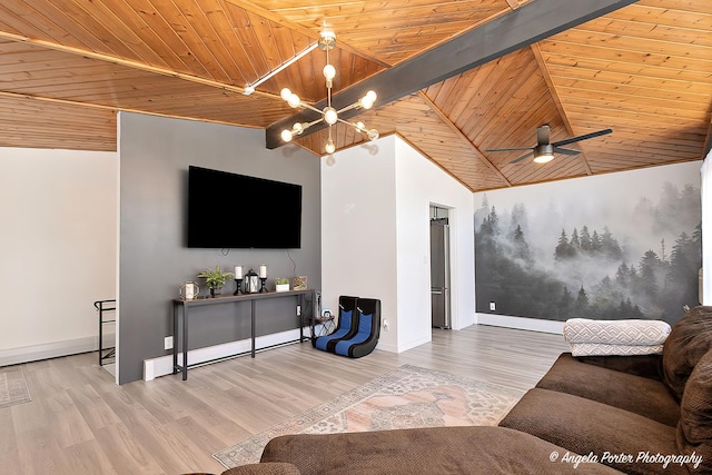 living area with wooden ceiling, baseboards, and wood finished floors