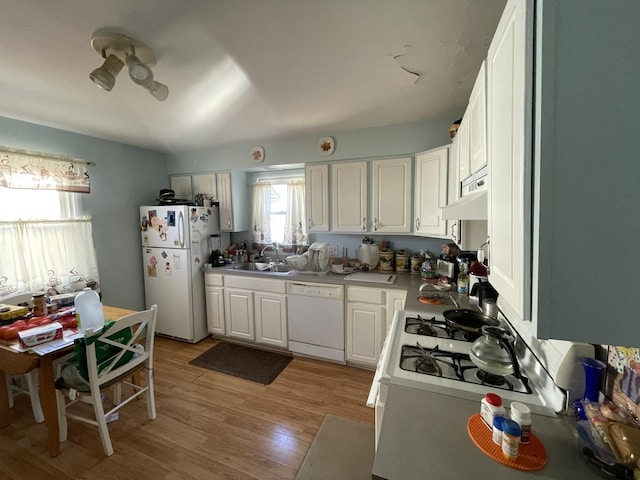 221 Heine Ave, Elgin, IL 60123 - kitchen featuring white cabinets, a sink, white appliances, light countertops, and under cabinet range hood