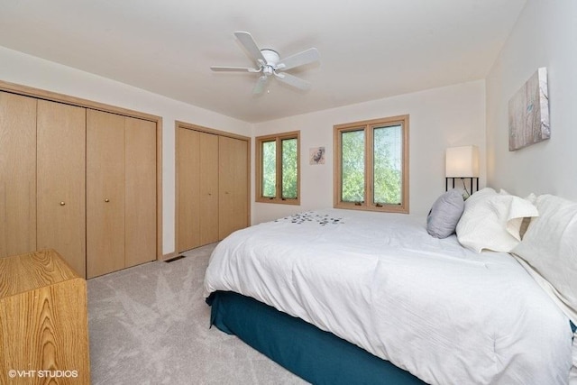 307 Anne Ct, Prospect Heights, IL 60070 - bedroom with light colored carpet, two closets, and ceiling fan