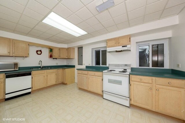 307 Anne Ct, Prospect Heights, IL 60070 - kitchen with white appliances, light brown cabinetry, and a drop ceiling