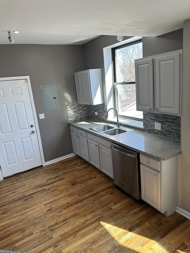 kitchen featuring decorative backsplash, stainless steel dishwasher, dark wood-style flooring, and a sink