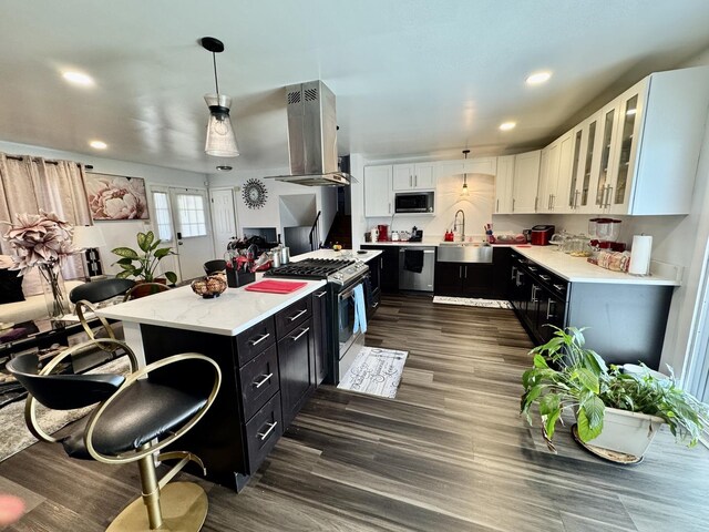 5125 Imperial Dr, Richton Park, IL 60471 - kitchen featuring white cabinets, a sink, appliances with stainless steel finishes, dark cabinetry, and island exhaust hood