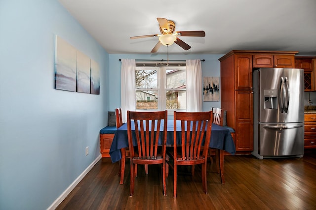 1215 Stratford Dr W, Bourbonnais, IL 60914 - dining room featuring baseboards, dark wood-style floors, and a ceiling fan