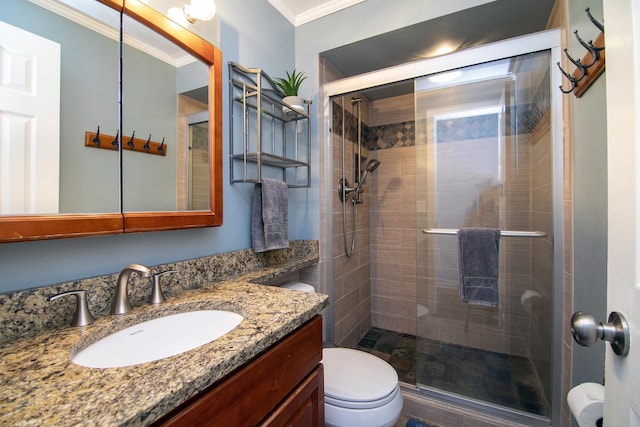1215 Stratford Dr W, Bourbonnais, IL 60914 - bathroom featuring vanity, toilet, crown molding, and a shower stall