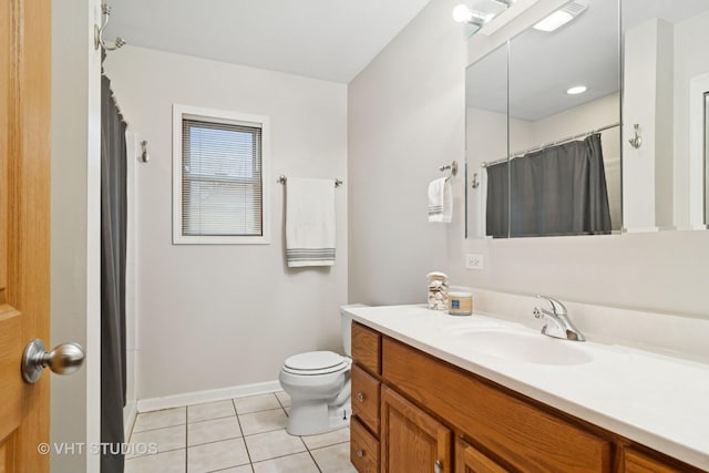 full bathroom featuring vanity, baseboards, tile patterned floors, a shower with curtain, and toilet