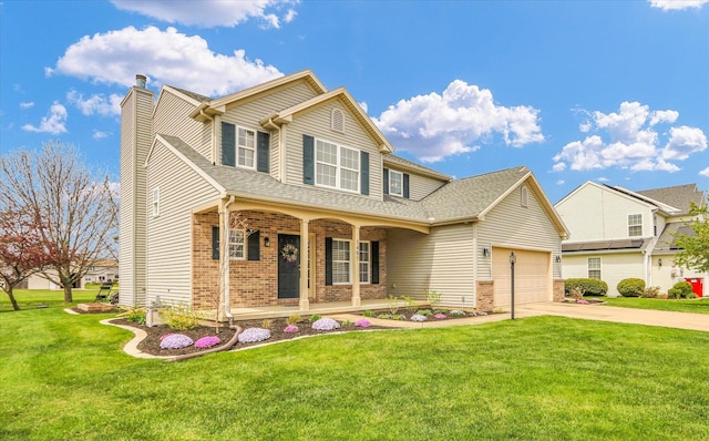 traditional home with covered porch, brick siding, concrete driveway, and a chimney