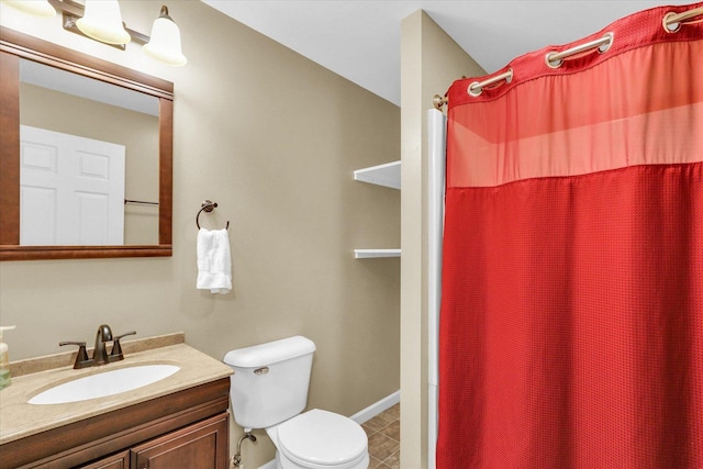 full bathroom with vanity, tile patterned flooring, toilet, and a shower with curtain