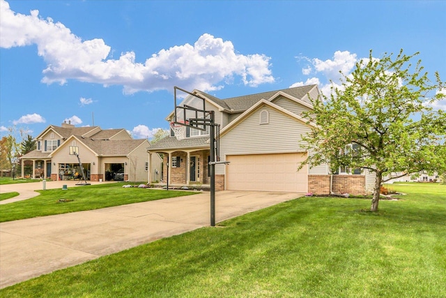 view of front of property with brick siding, a garage, a front lawn, and driveway