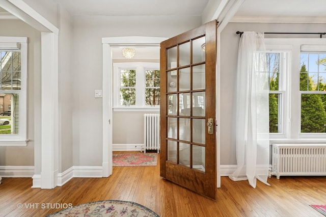 doorway with radiator, radiator heating unit, wood finished floors, a healthy amount of sunlight, and baseboards