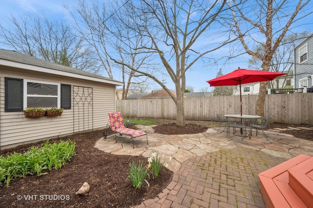 view of patio featuring a fenced backyard and outdoor dining space