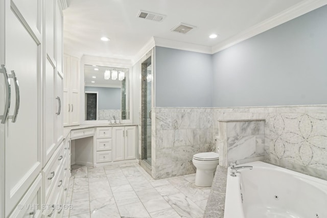 1019 Rockland Rd, Lake Bluff, IL 60044 - full bath featuring vanity, a tub with jets, crown molding, a stall shower, and wainscoting