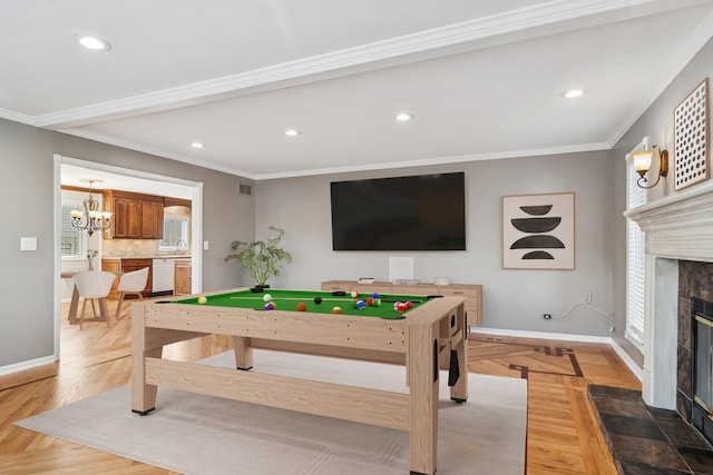 1019 Rockland Rd, Lake Bluff, IL 60044 - game room featuring billiards, a tiled fireplace, plenty of natural light, recessed lighting, and crown molding